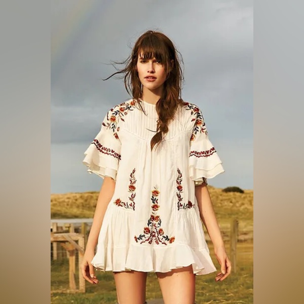 Free People White Floral Embroidered Mini Dress